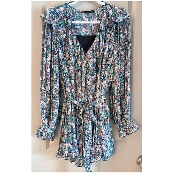 Ruffle Pleated Lined Floral Romper with Belt - Picture 1 of 12